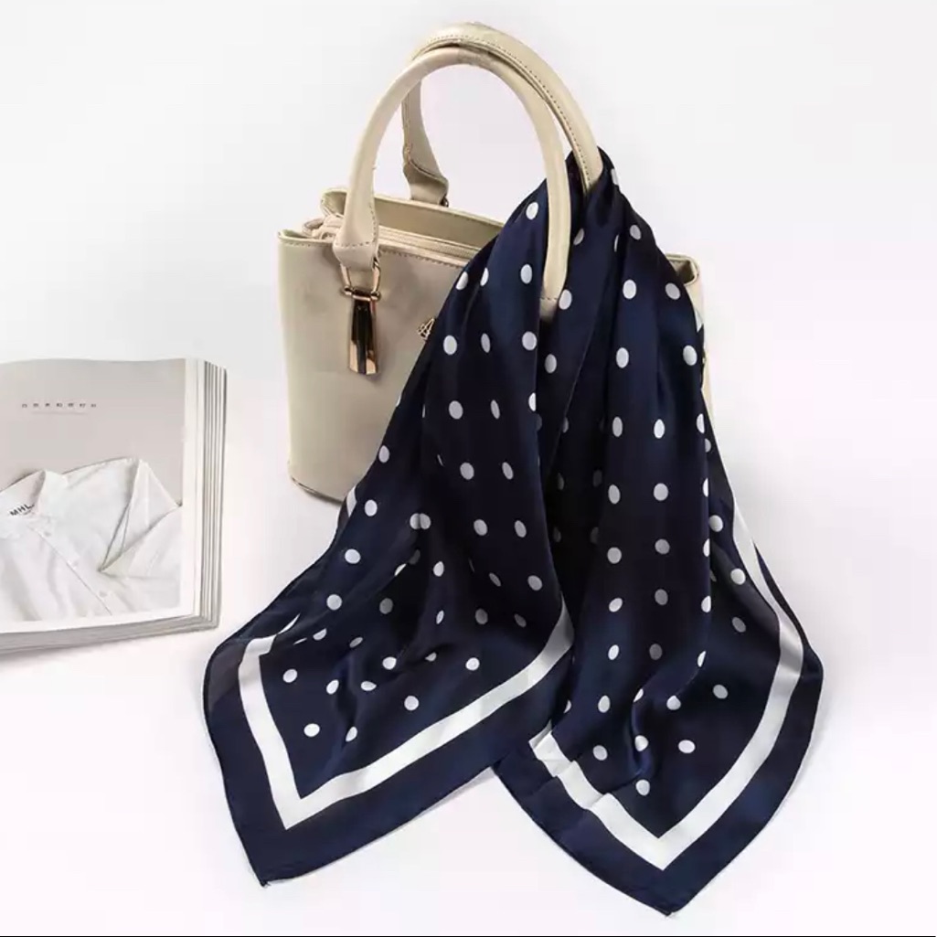 100 Silk Polyester Scarf Dots Navy Blue White